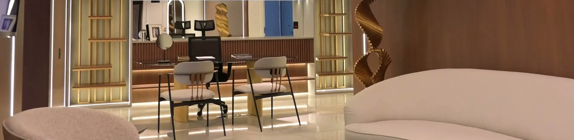 Ambiente da Human Clinic, com mesa de atendimento, cadeiras, estantes iluminadas e sofá claro